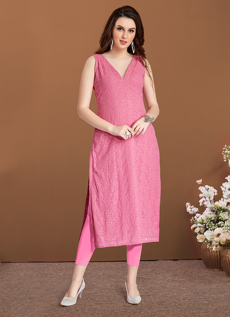Pink Georgette Long Kurti | Indian fashion, Kurti designs, Dress