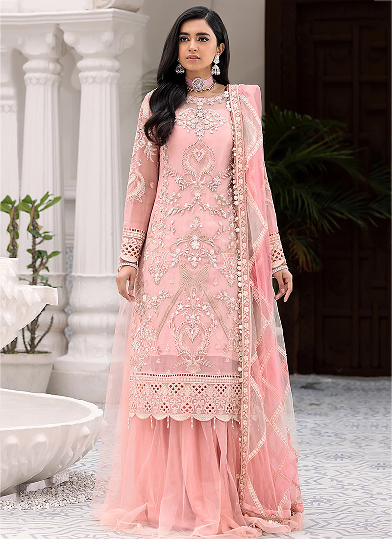 Rose Pink Velvet Embroidery Work Sharara Suit With Dupatta
