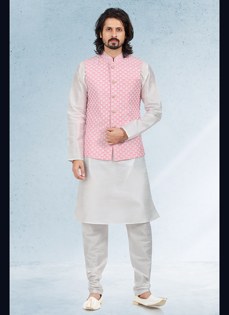 White kurta pajama deals with pink jacket