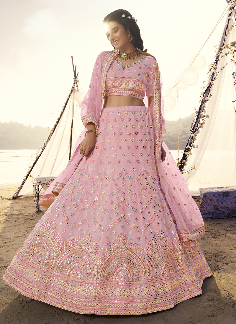 Buy Reception Wear Peach Mirror Work Net Lehenga Choli Online From Surat  Wholesale Shop.