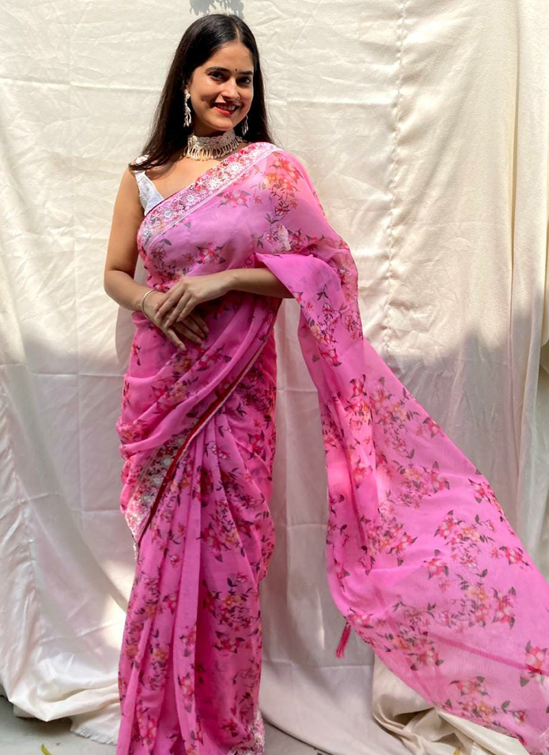 Fuchsia Pink Printed Ruffle Saree Set – SeemaThukral