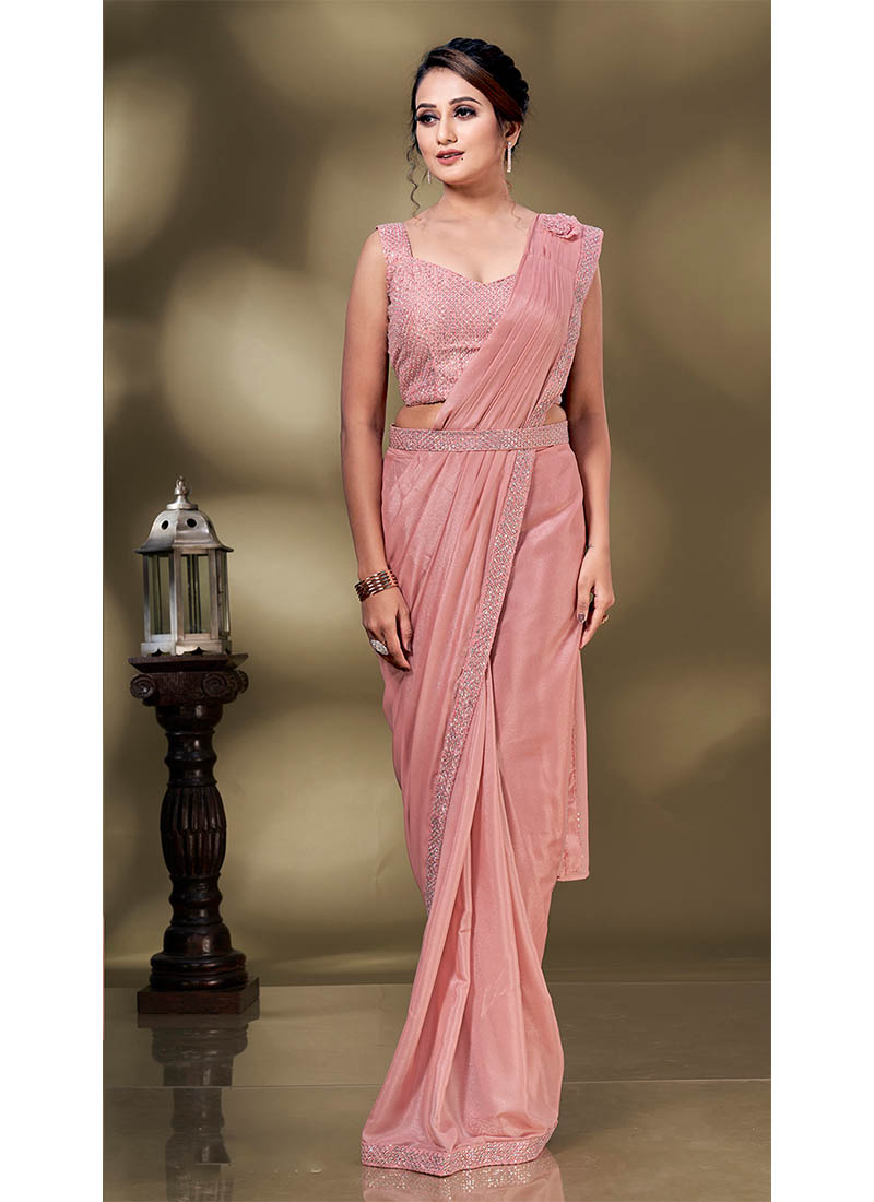 Buy Pink Sequins Work Georgette Ready To Wear Saree Online