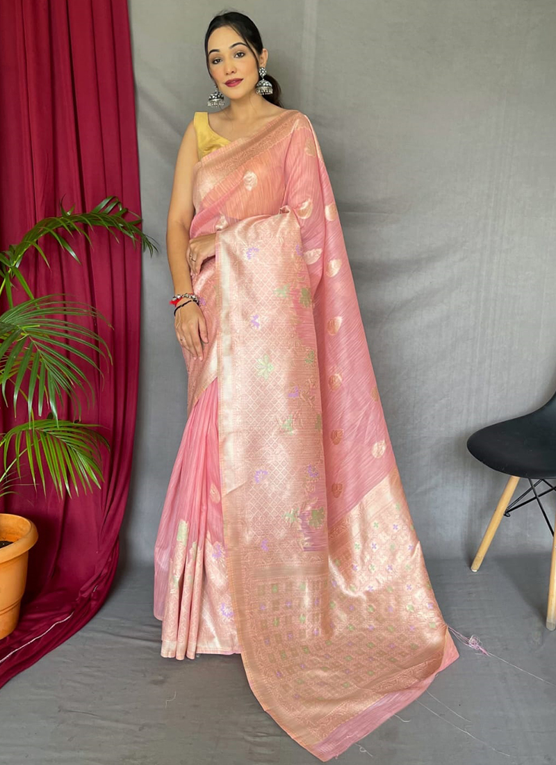 Buy Pink Weaving Work Linen Silk Saree Online