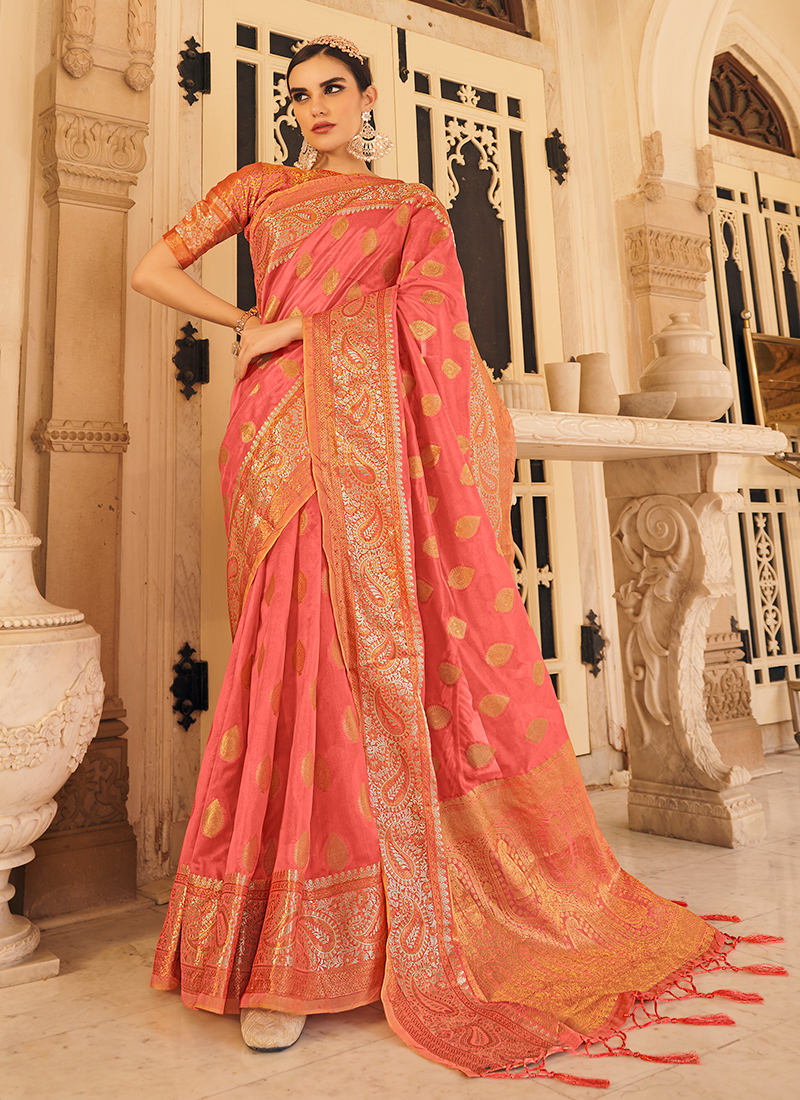 Glamorous Peach Thread, Zari Embroidered Organza Saree With Blouse -  MESMORE - 3898886