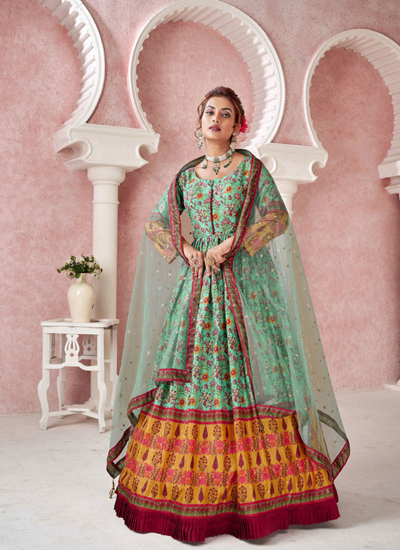 Ghoomar Pista Green Cotton Printed Gown Kurti With Dupatta | Bhadar