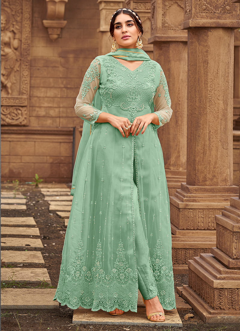 Buy Pista green Embroidery Work Viscose Silk Readymade Salwar Suit Online