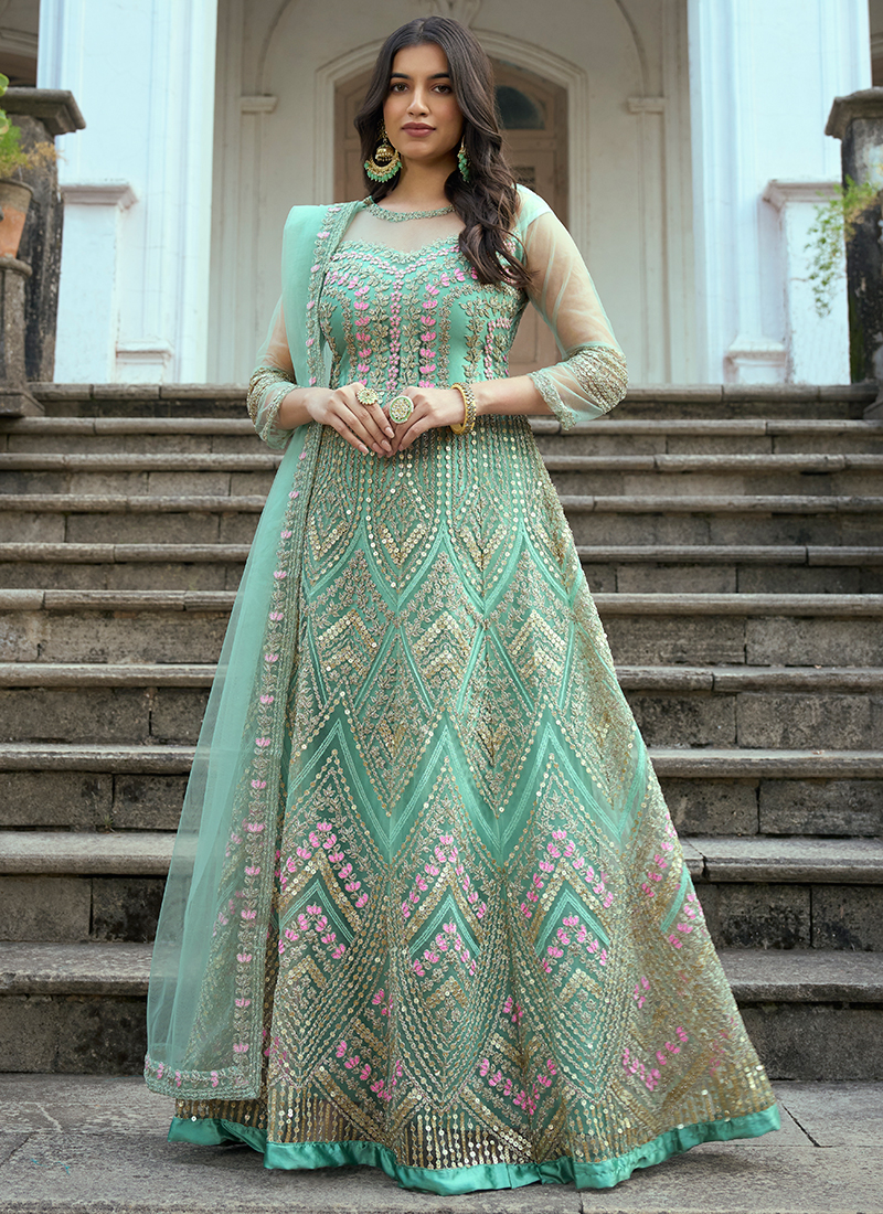 Buy Adorable Pista Green Pearl And Mirror Georgette Festive Gown From Zeel  Clothing.