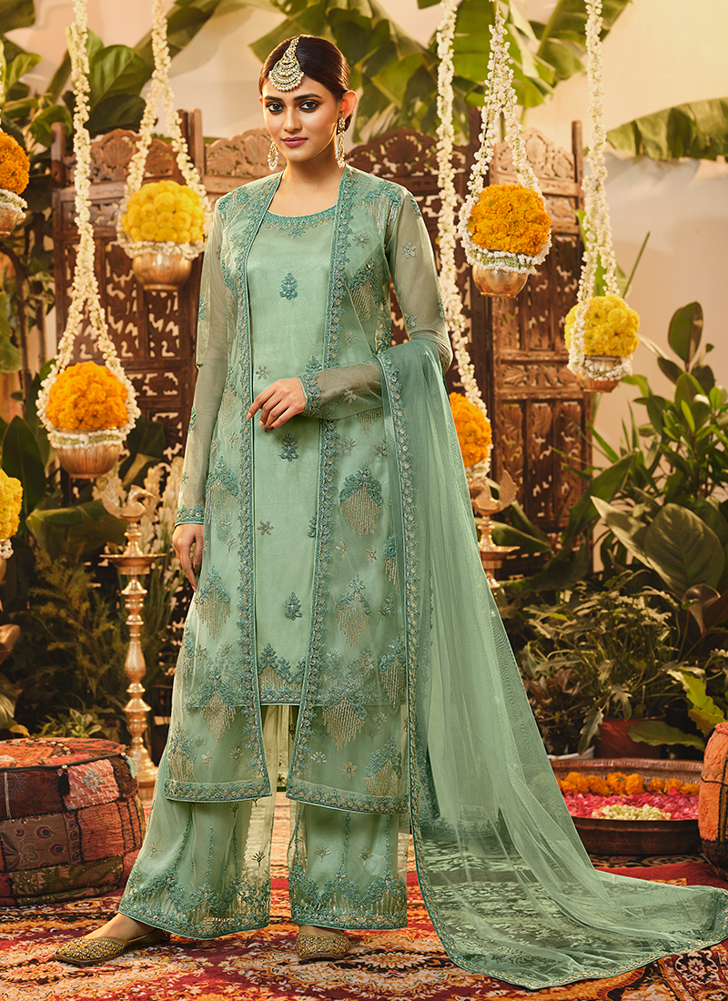 Pista Green Embroidered Palazzo Suit