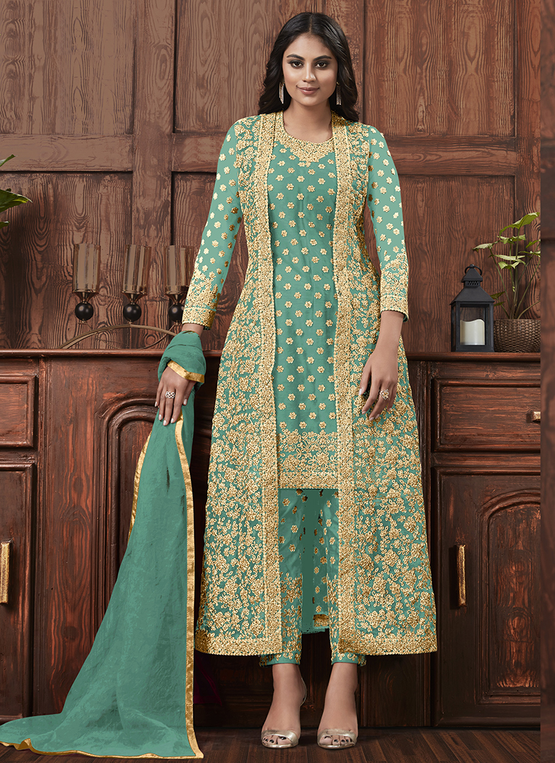 Pista Green Color Designer Fancy Part Wear Salwar Suit In Net Fabric With  Embroidery As Semi Stitched - shreematee - 4109188