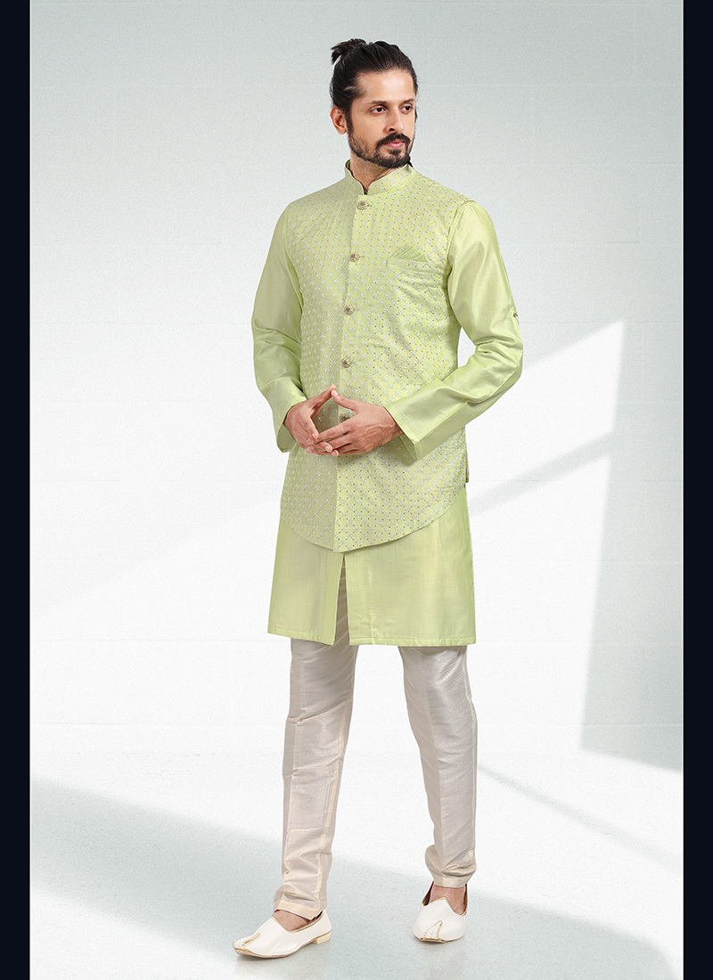 Sky Blue Banarasi Silk Jacket with Kurta And Pajama for men online India  Color Blue SizeKurta 42 Combination Options Kurta + Bottom + Jacket