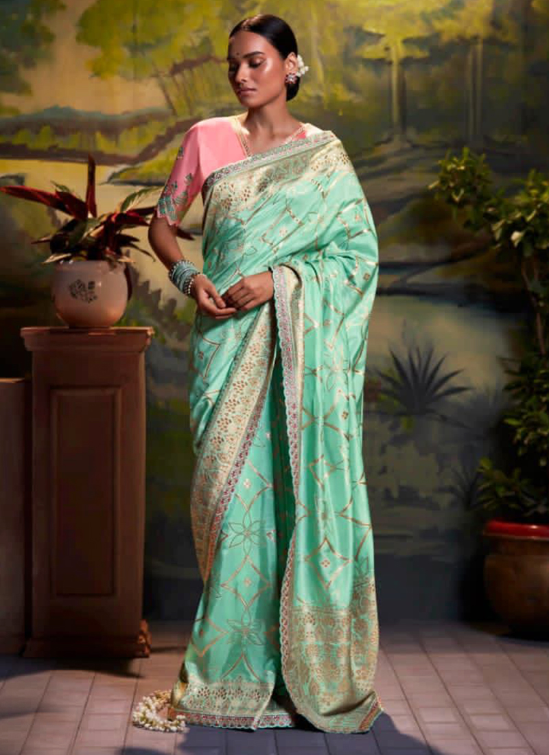 Buy Pista Green Silk Saree With Stitched Blouse Readymade Online in India   Etsy