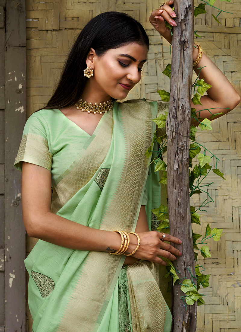 Buy Pista Green Weaving Work Pure Silk Saree Online