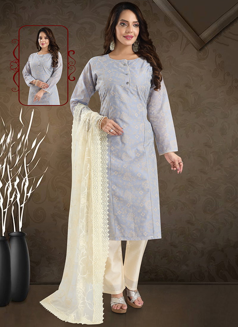 Buy Chanderi Cotton Embroidered Grey Churidar Designer Suit Online : South  Africa 