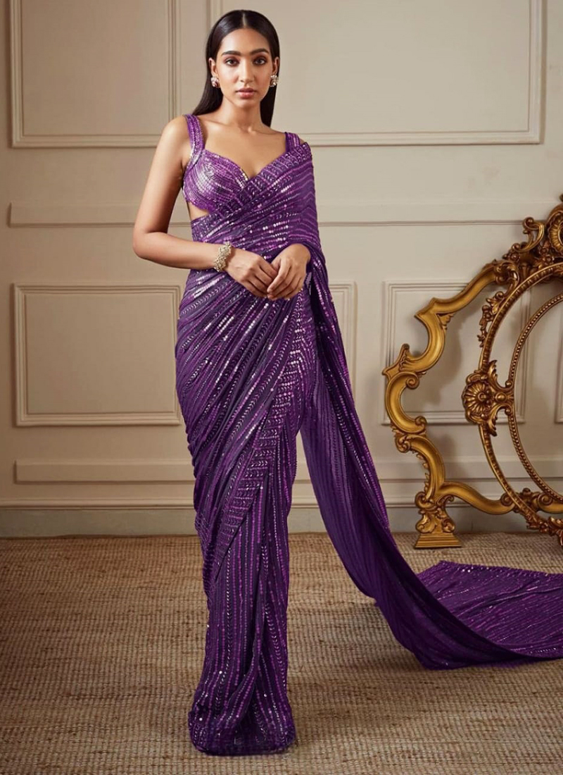 Sequins Embroidered Georgette Saree in Purple - Ucchal Fashion