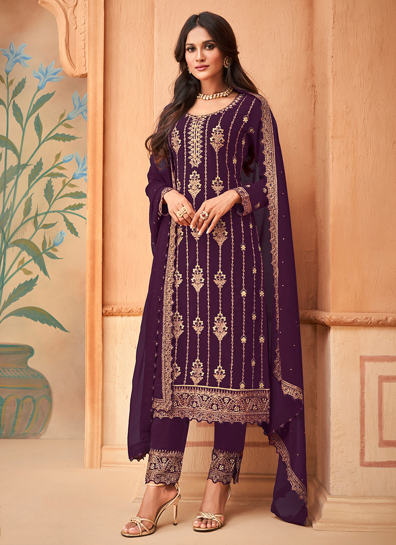 Buy Violet Glace Cotton Daily Wear Embroidery Work Churidar Suit Online  From Wholesale Salwar.