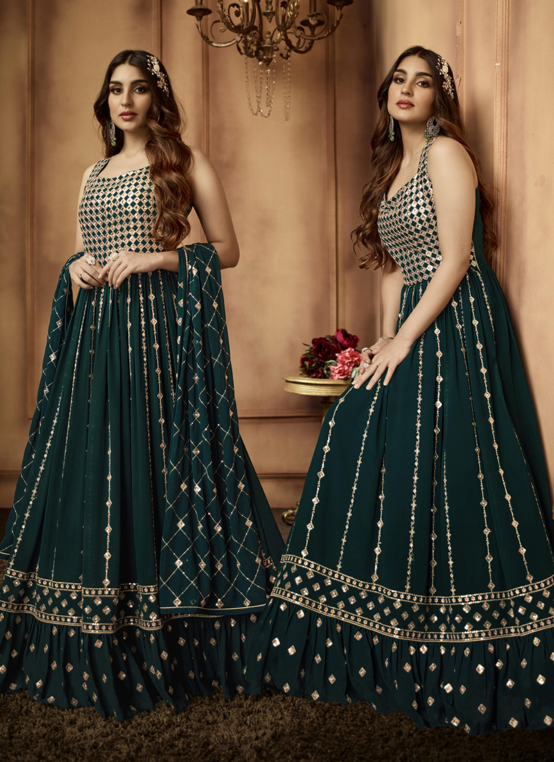 Party Wear Rama Color Sequence embroidery work Gown - Gowns - Indian