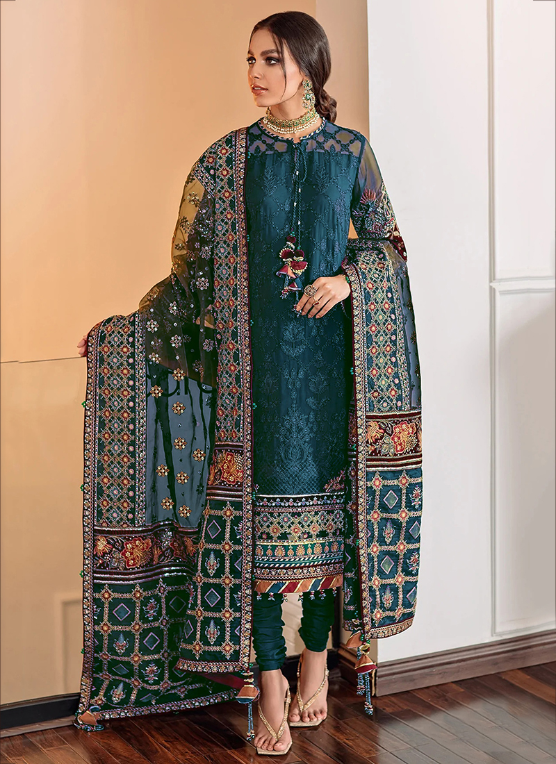 Buy Blue Georgette Traditional Wear Embroidery Work Pakistani Suit Online  From Wholesale Salwar.