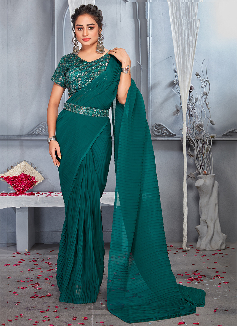 Rama Green and Royal Blue Silk Saree with Embroidered Blouse | Party wear  sarees, Party wear, Saree designs