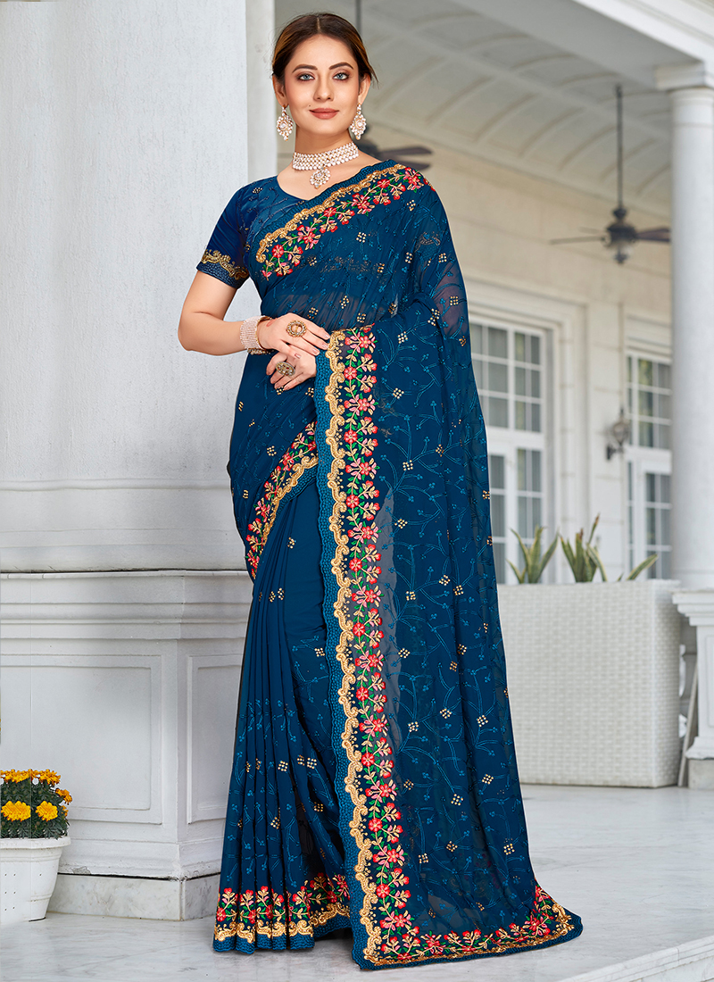 Sensible Resham Navy Blue Georgette Designer Saree