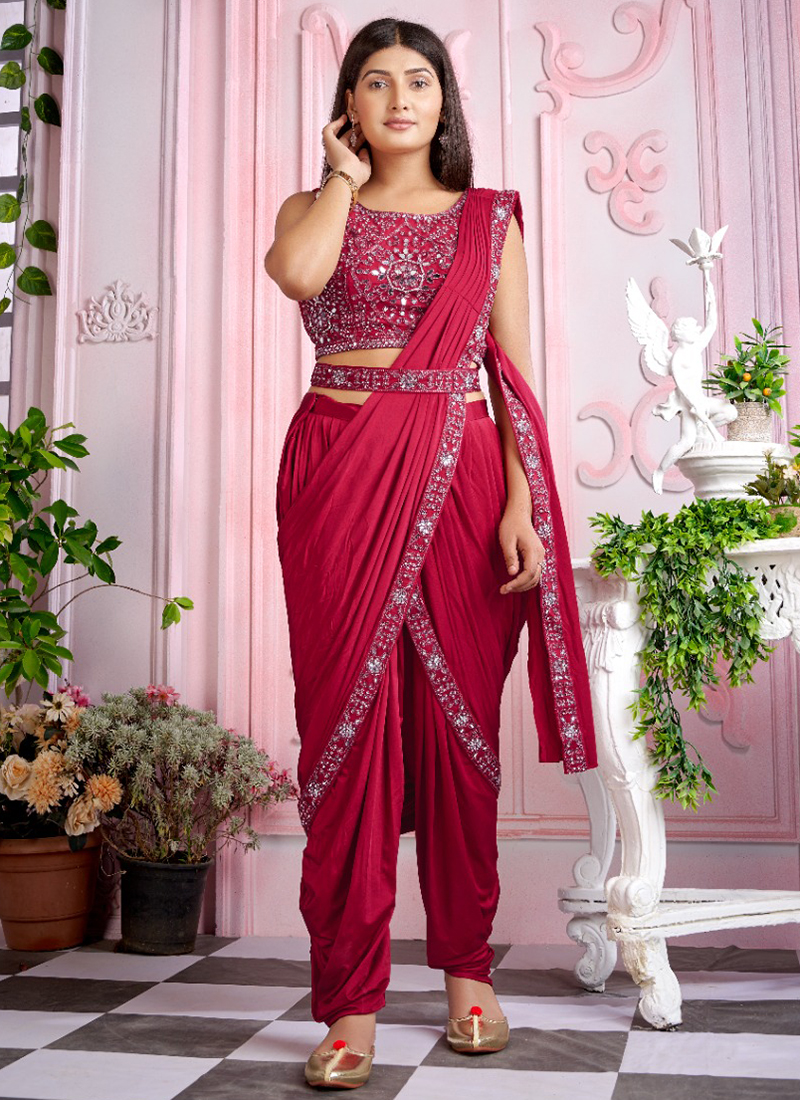 Dusty Rose Crushed Silk Ready-to-Wear Saree with Designer Blouse - Exq