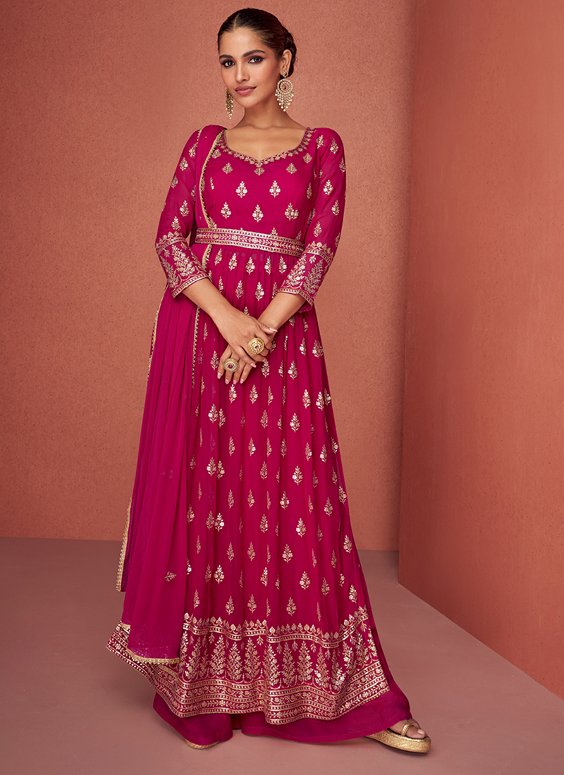 Buy Rani Pink Embroidered Georgette Salwar Suit Online At Zeel Clothing