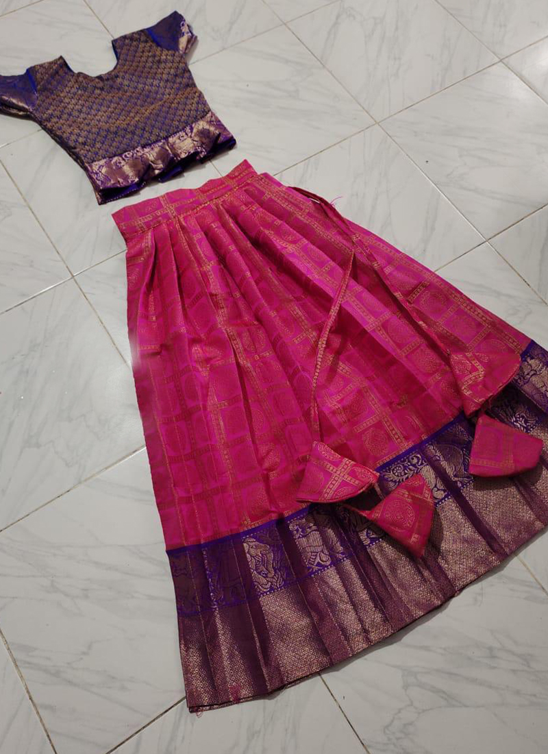 Sky Blue and Rani Pink color Ikkat Lehengas with all over pochampally design  -IKPL0000719