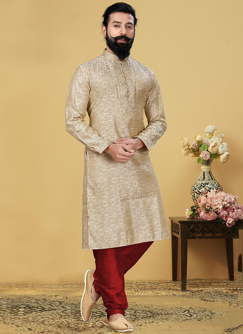 Buy Reception Wear Beige Jacquard Silk Weaving Work Latest Kurta