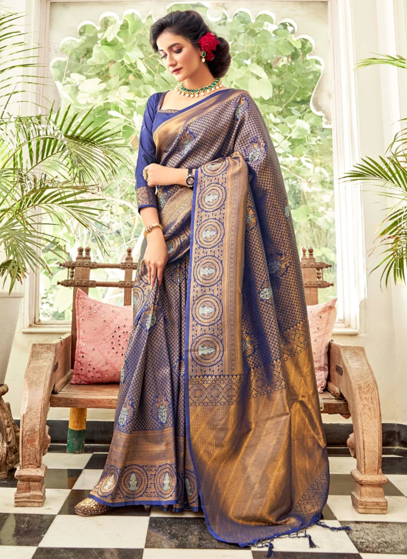 Dark blue color cotton fabric classic saree for reception - Monjolika -  4170578