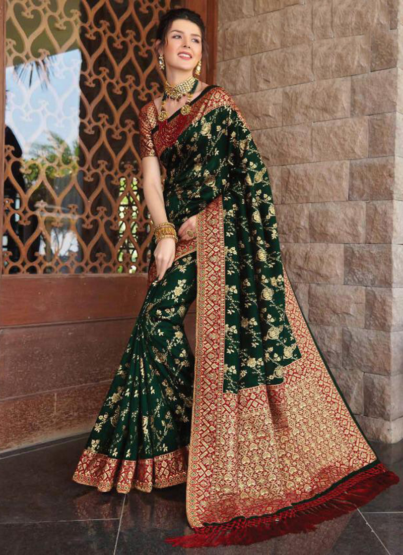 Forest Green Wedding Reception Saree With Embroidered Borders and Matching  Blouse, Green Indian Wedding Engagement Sari - Etsy Norway