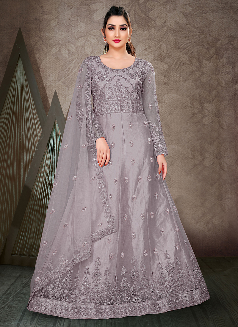 Threads and Motifs Grey Net Suit | Pakistani Embroidered Chiffon Dresses