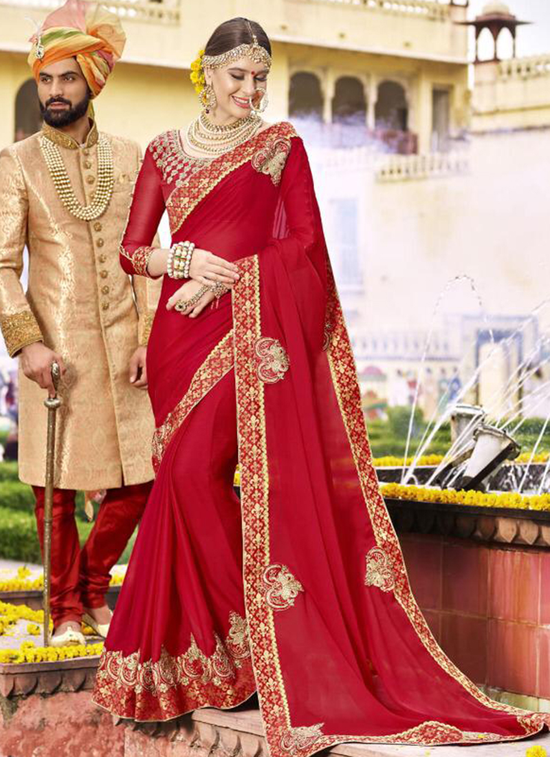 Ruby Red Indian Designer Wedding Reception Heavy Saree With Embroidered  Borders and Embellished Stitched Blouse/cherry Red Karwa Chauth Sari - Etsy
