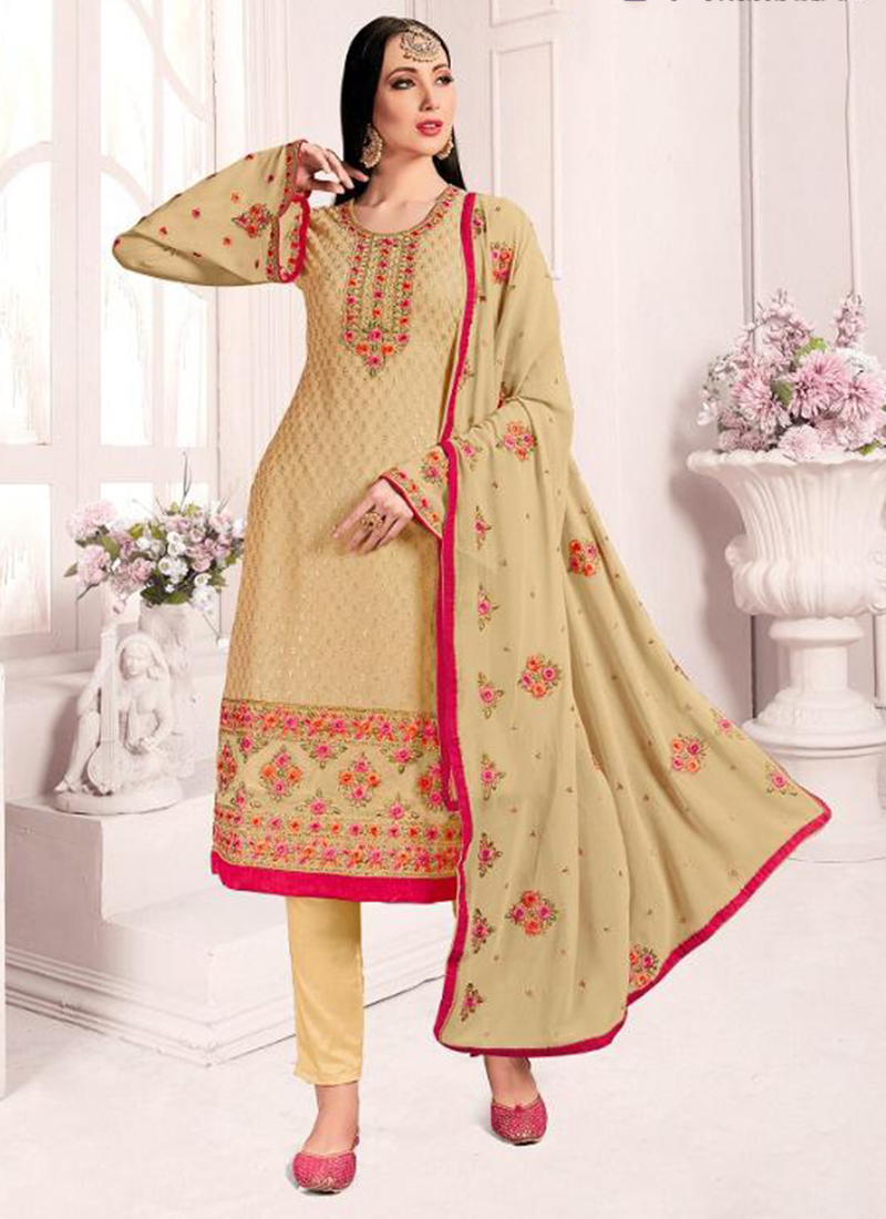 Buy Peach Thread Embroidery Silk Palazzo Suit Online At Ethnic Plus
