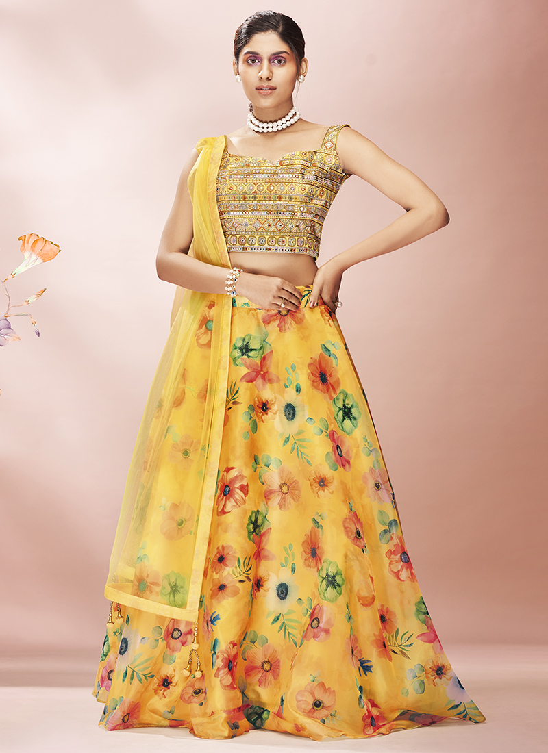 Yellow silk mirror work lehenga choli 1015