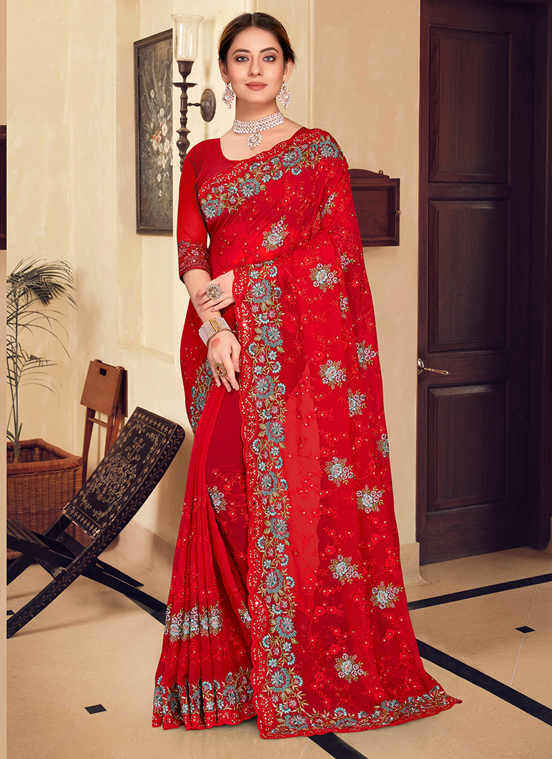 Red Colour Designer Women Saree in Satin,Jacquard Fabric.