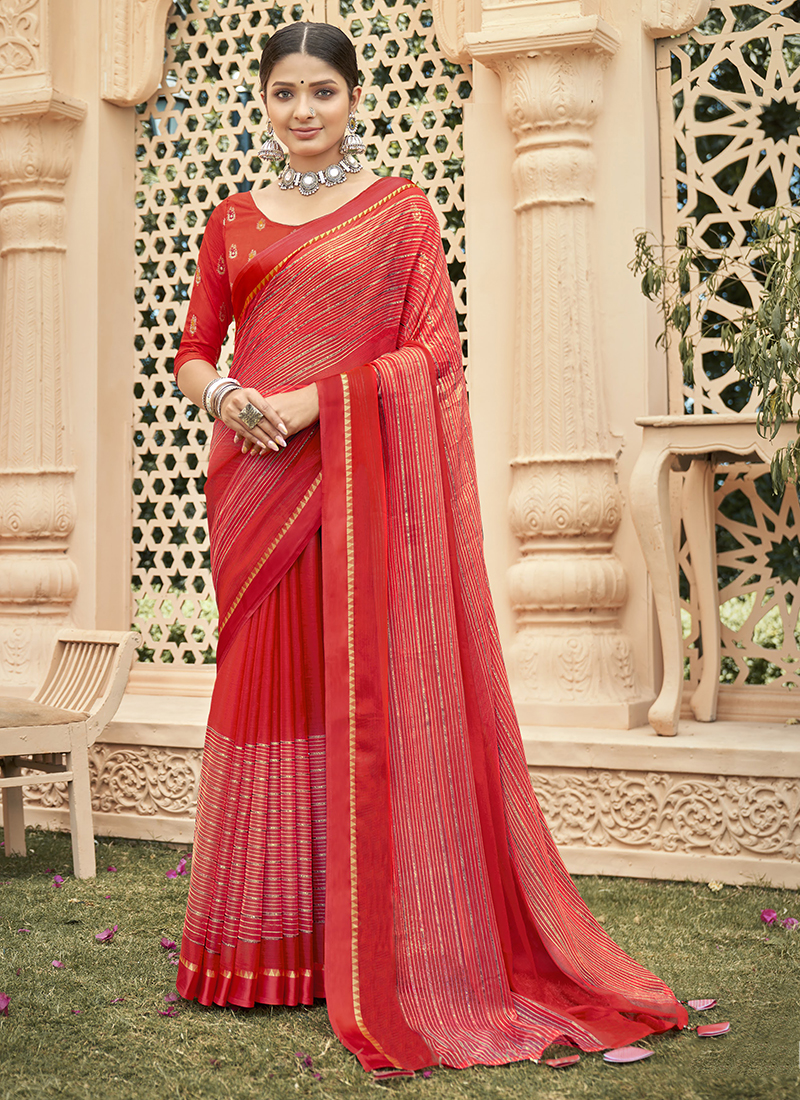 Shop Geroo Jaipur Red Chiffon Hand woven Saree for Women Online 39603567