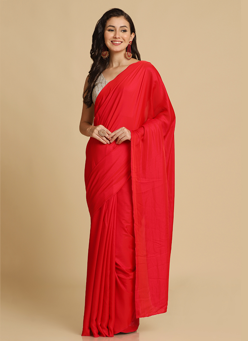 Surkh Laal Satin Silk Saree with Border | Silk satin, Saree, Satin saree