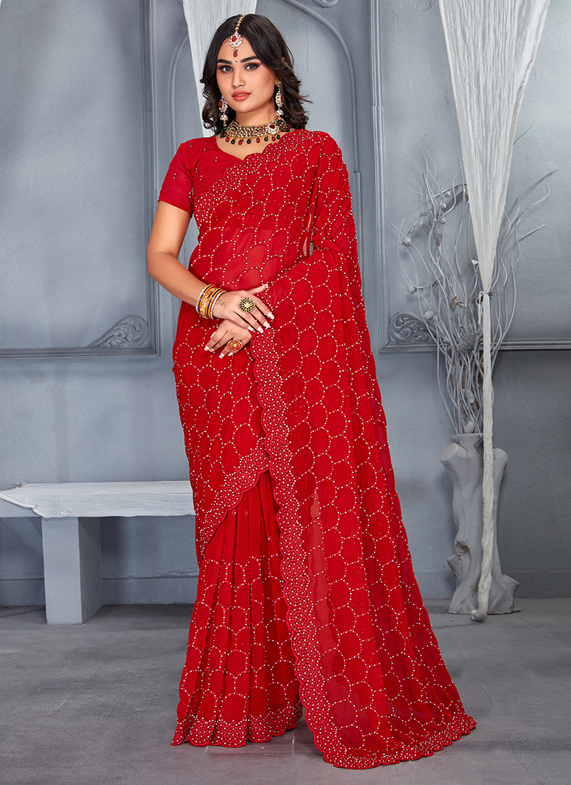 Red georgette printed stone work saree with blouse - Callan Sports - 3574554