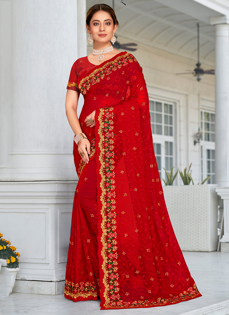 Red Georgette Saree In Resham Embroidery 5708SR03