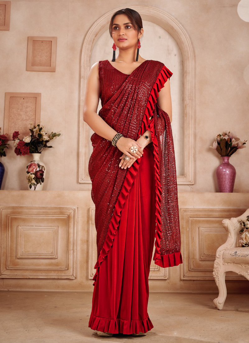 Scarlet Red Ready to Wear One Minute Lycra Saree - Clothsvil