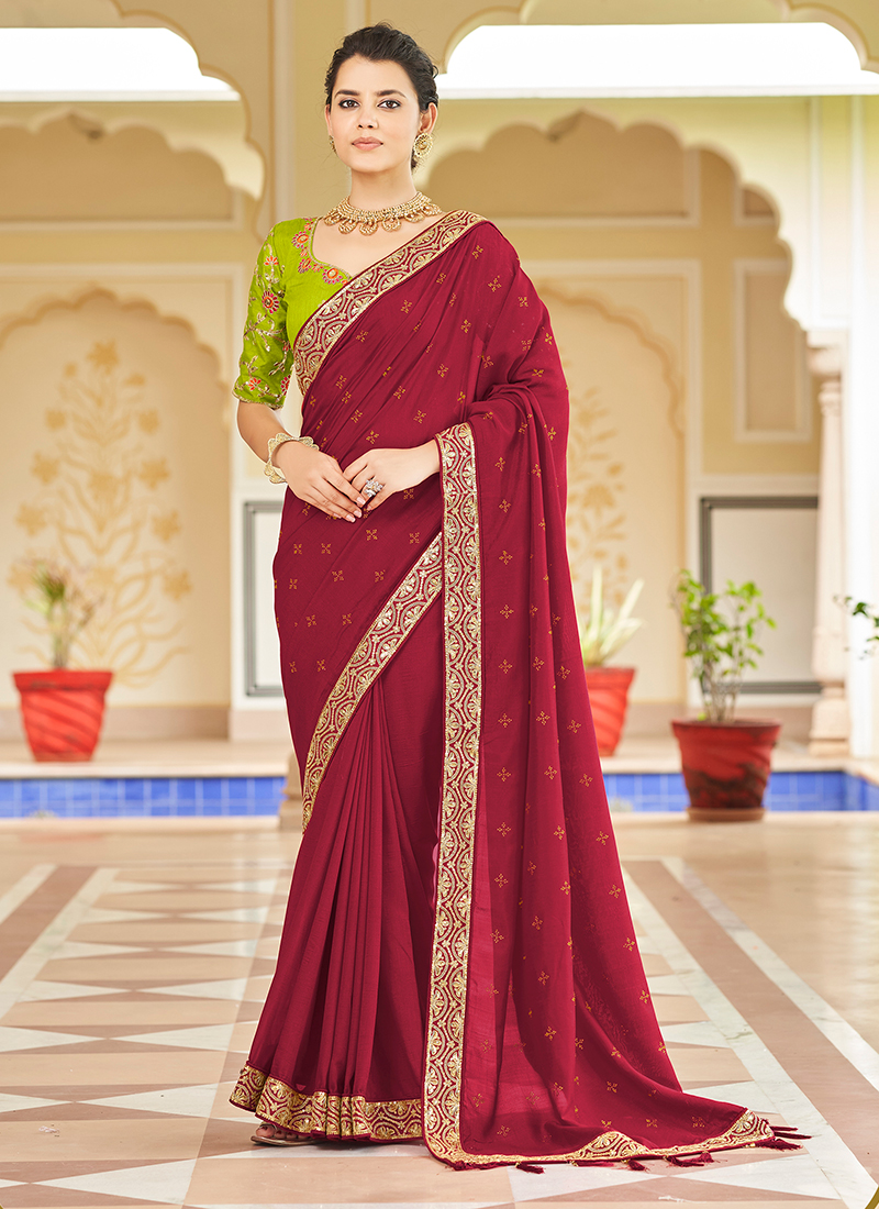 Banarasee Velvet Chiffon Sari With Swarovski Border & Contrast Sequins