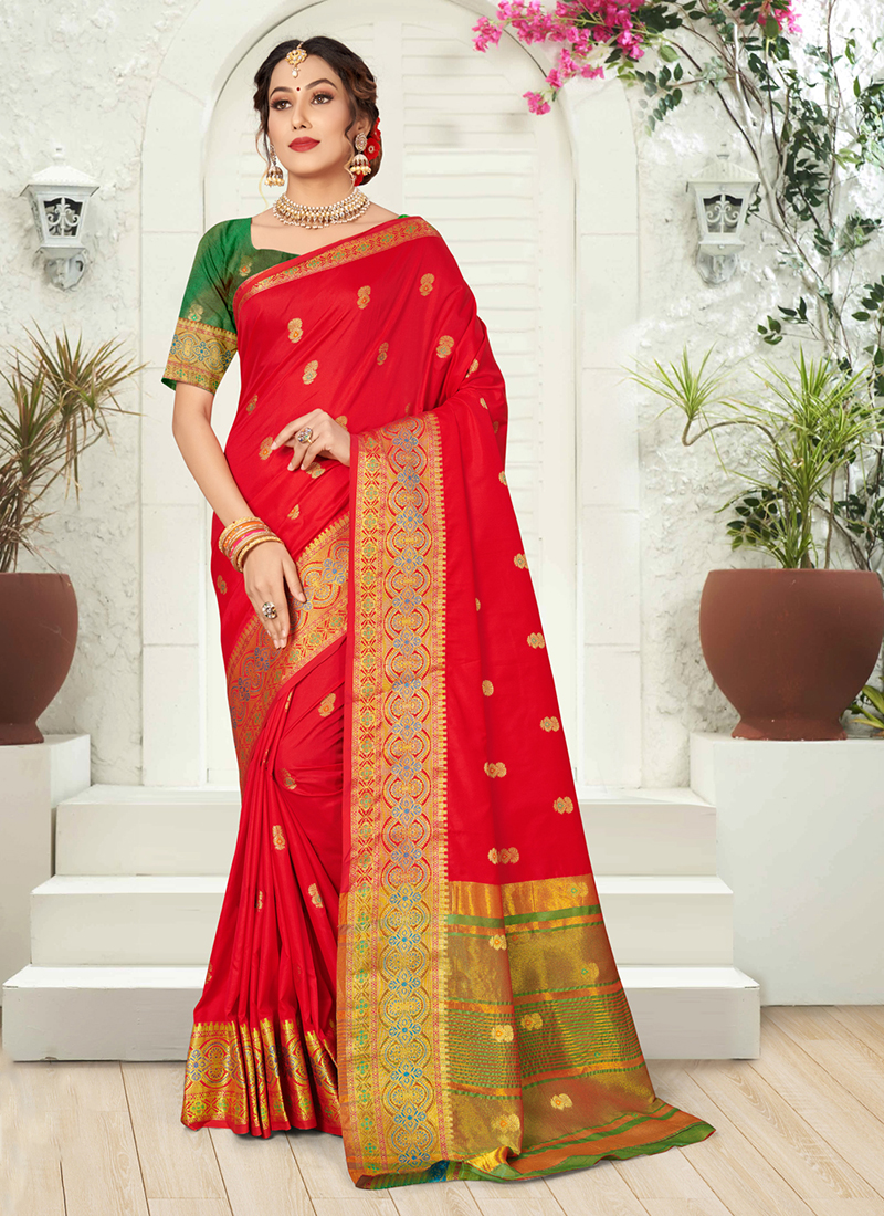 Buy Cream and Red Fancy Banarasi Silk Traditional Designer Saree Online