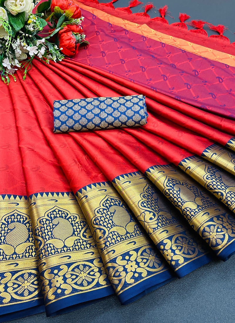 Buy Red Weaving Work Soft Silk Saree Online