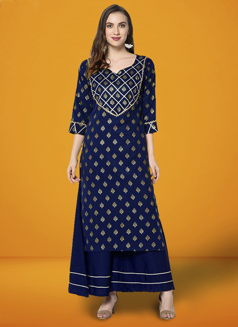 Blue Color Mirror Work Naira Cut Kurti Pant With Dupatta Set Dress For  Women | eBay
