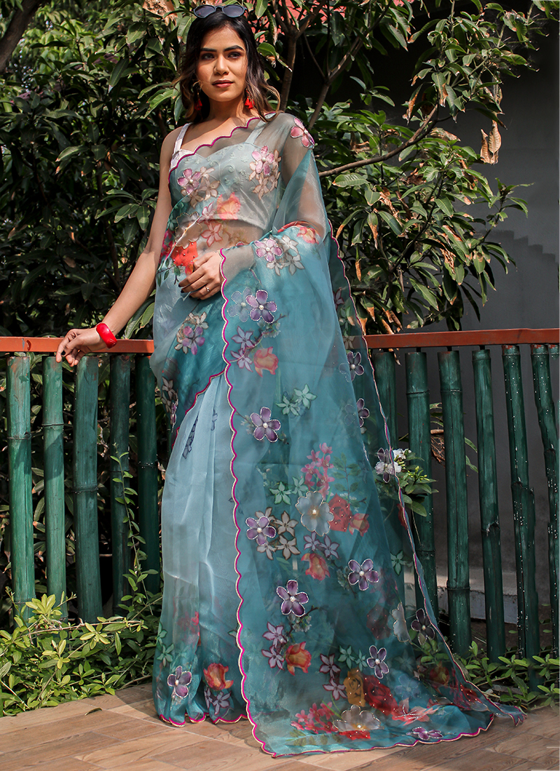 Buy Sky Blue Digital Printed Organza Saree Online