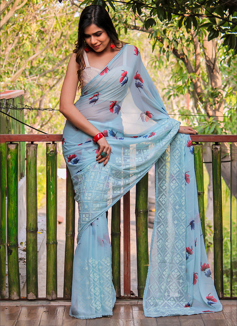 Resinous Sky Blue Saree For Farewell – Kaleendi