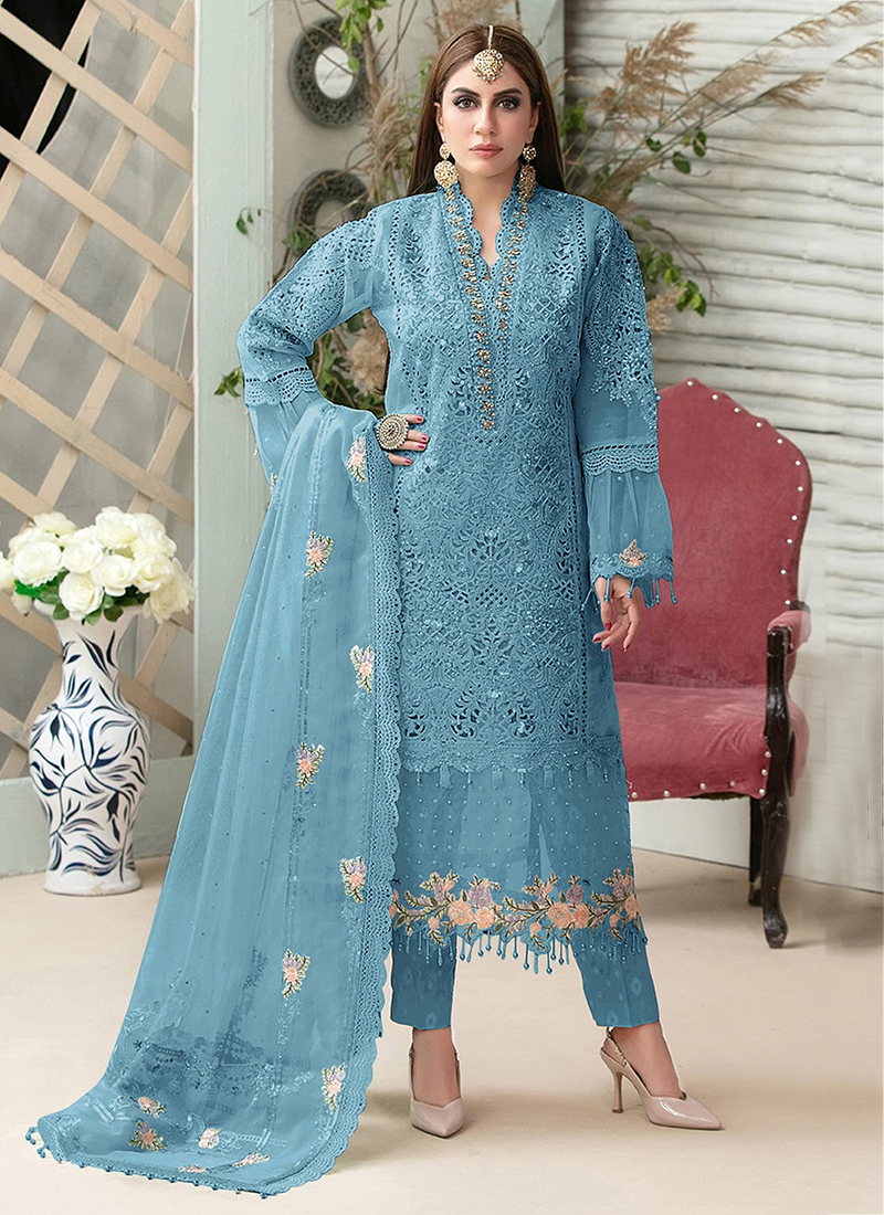 Georgette Base Light Blue Color Sequins Work Pant Style Salwar Suit