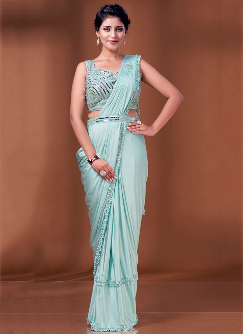 Buy Sky Blue Hand Work Imported Ready To Wear Saree (Blouse Size 36) Online