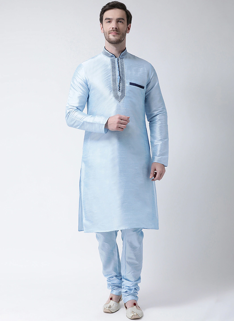 Buy Blue Plain Dhupion Silk Kurta Pajama For Ring Ceremony Online