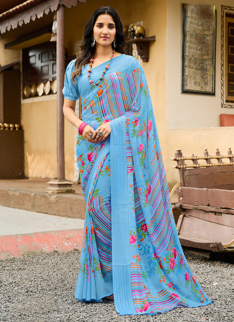 Buy Sky Blue Allover Hand-Embroidered Lucknowi Chikankari Faux Georgette  Saree 14981 | www.amgsquare.com