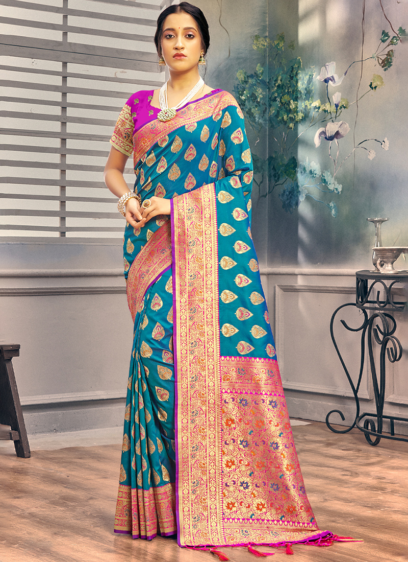 Banarasi Pure Katan Silk Saree in Light Blue : SGWA21